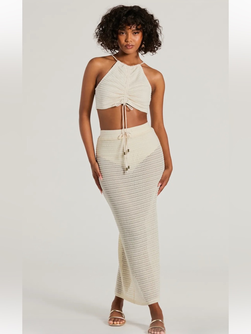 Windsor Sunny Chic High Slit Crochet Maxi skirt and crop top set cream size S